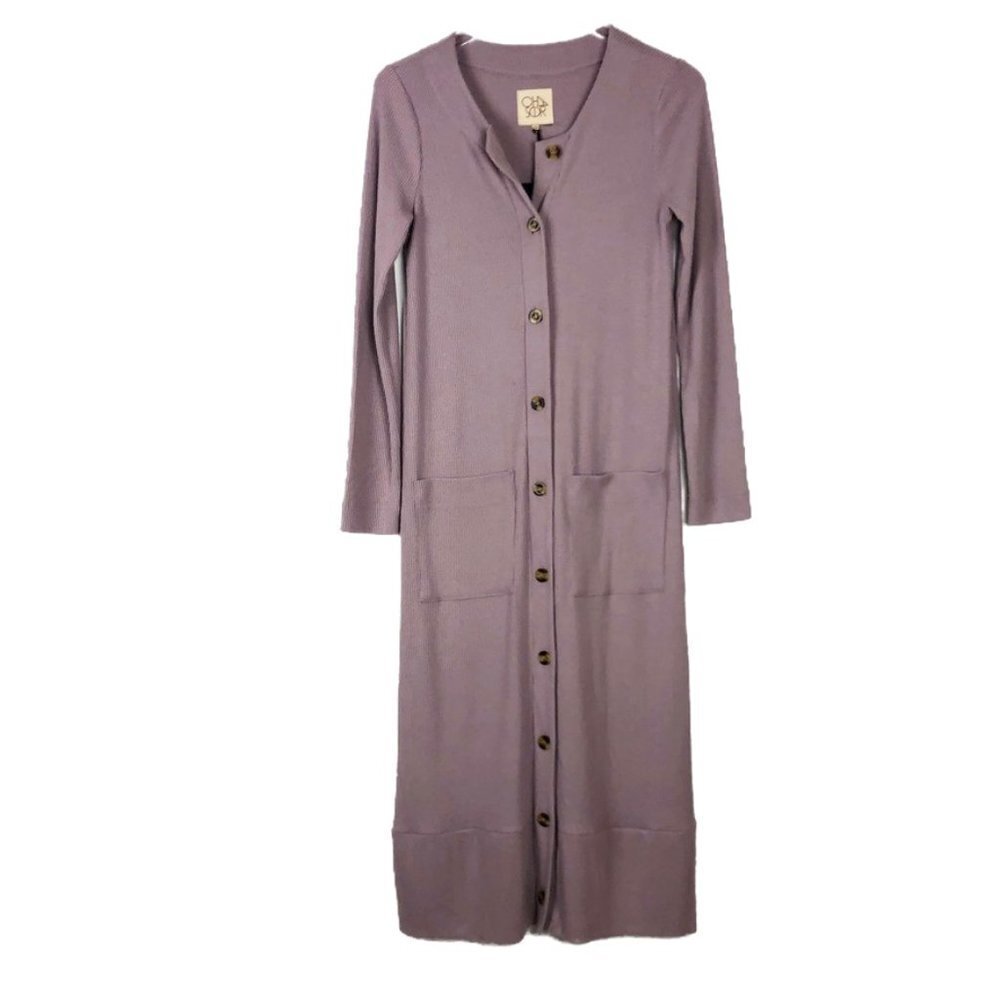 NWT Chaser Rib Knit Midi Dress Women's Size M Mauve Button Front Cardigan Duster